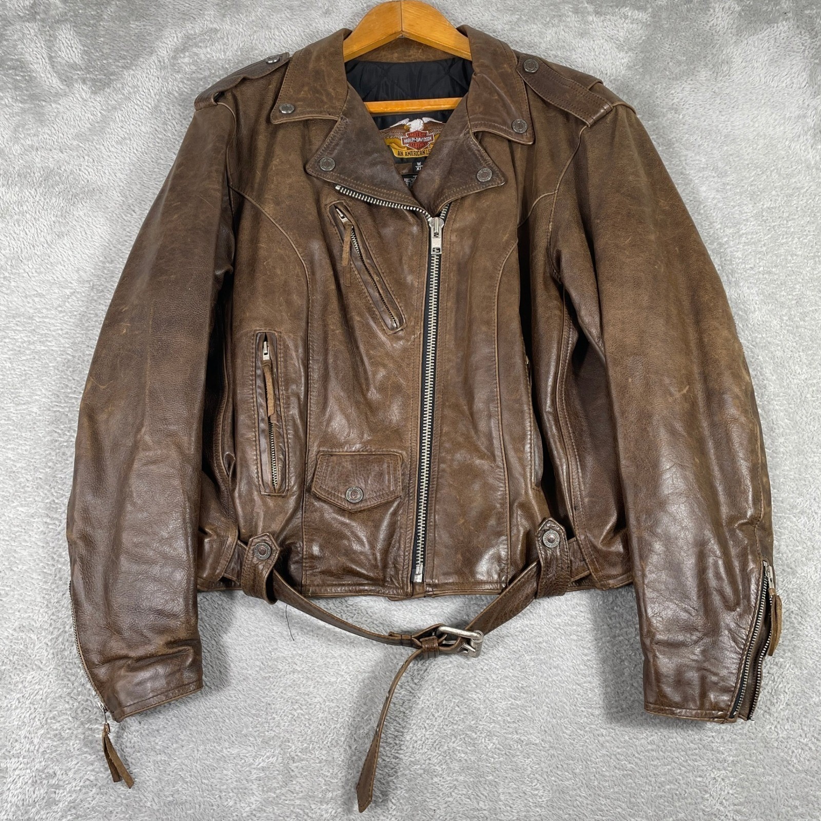 Vintage Y2k Harley Davidson Leather Moto Jacket Womens Xl Brown Belted Biker 90s